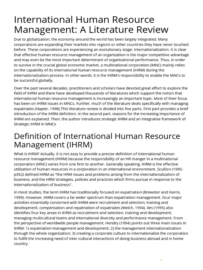 International Human Resource Management A Literature Review PDF Multinational Corporation