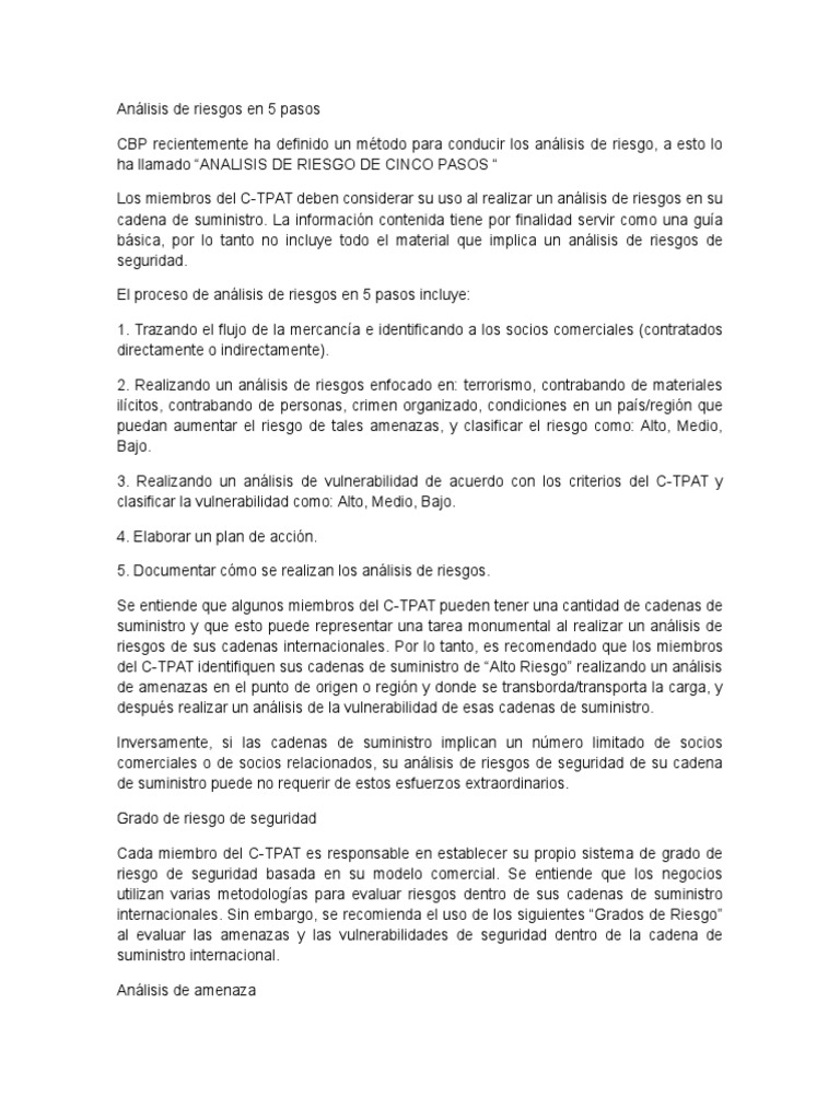 Análisis de Riesgos C-TPAT en 5 Pasos | PDF | La seguridad | Vulnerabilidad