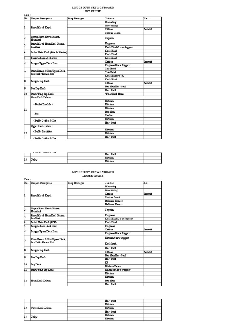Duty Crew List for Day and Dinner Cruises | PDF | Technology & Engineering
