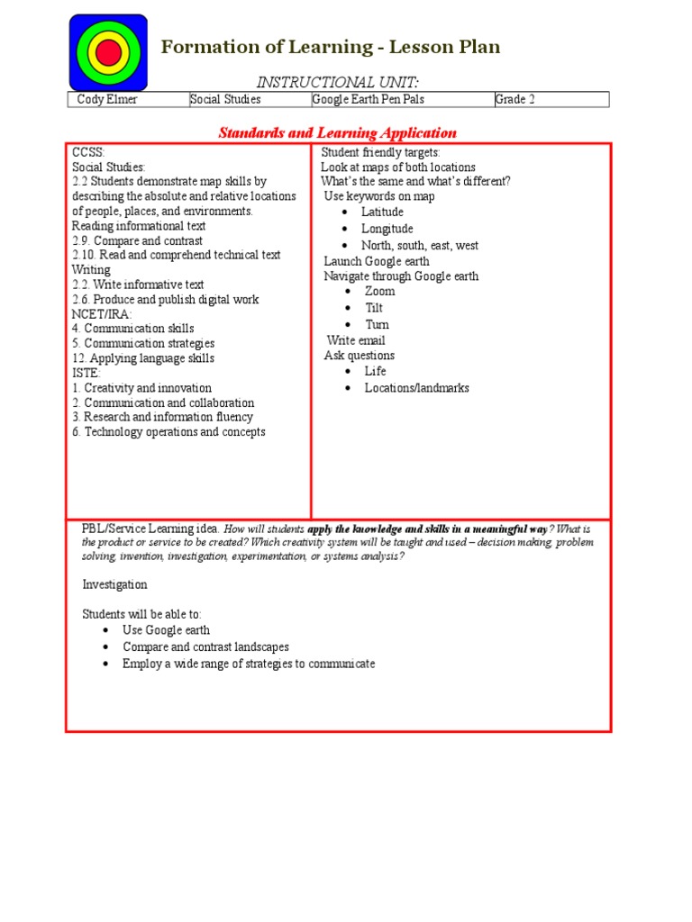 Formation of Learning - Lesson Plan: Standards and Learning Application ...