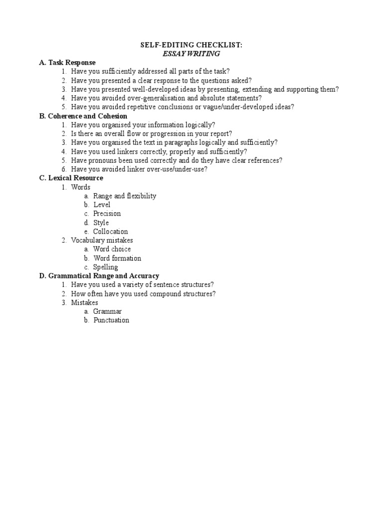 Self-Editing Checklist: A. Task Response: Essay Writing | PDF