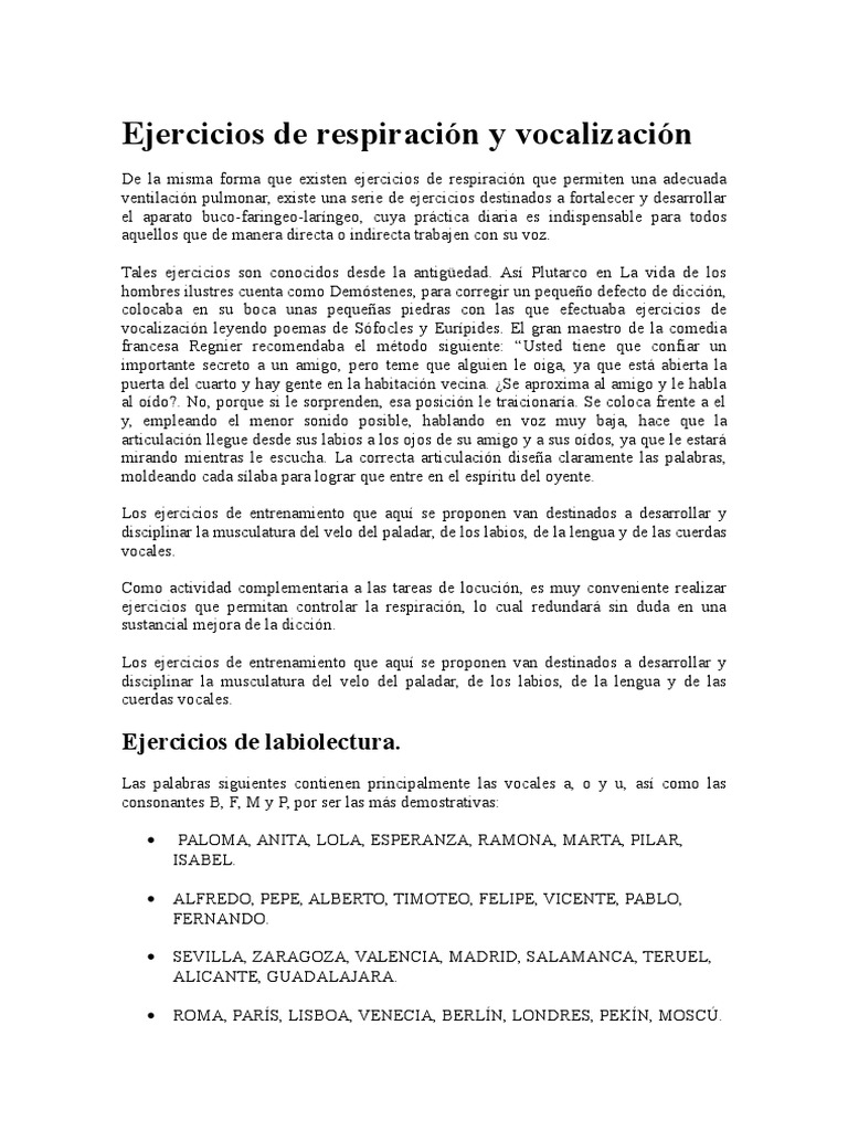 VOZ Ejercicios de Respiracion y Vocalizacion | PDF | Respiración | Zoología