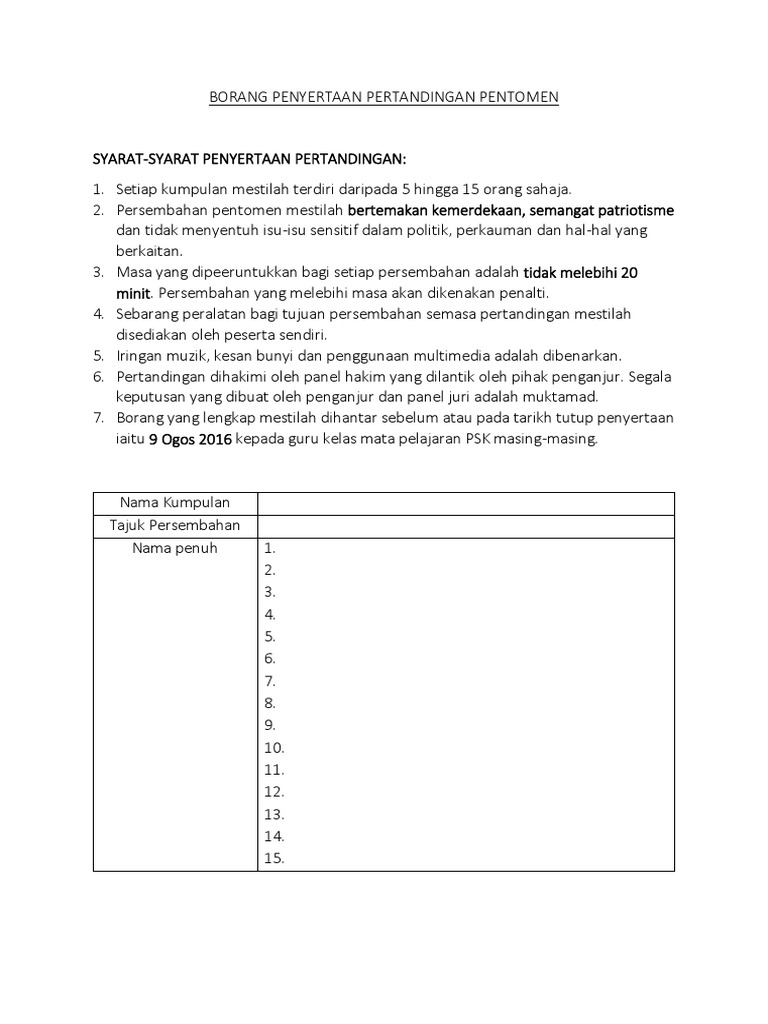 Borang Pertandingan Pentomen | PDF