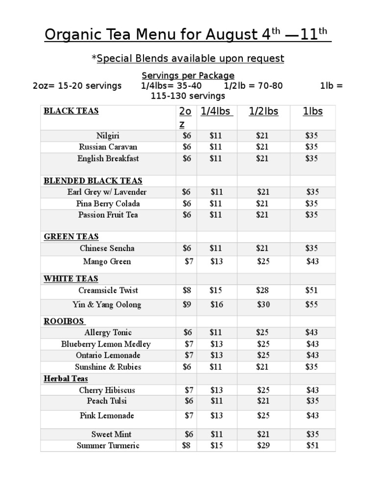 August 4-11 Organic Tea Menu | PDF | Home & Garden | Wellness