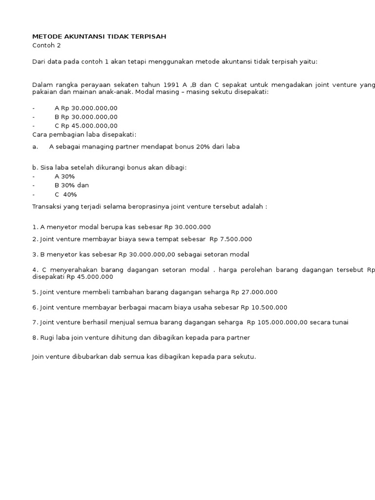 Joint Venture Tidak Terpisah