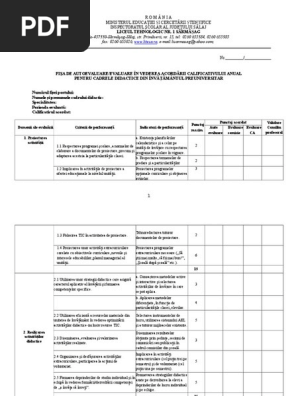 Fisa De Autoevaluare Evaluare In Vederea Acordarii Calificativului Anual Pentru Cadrele Didactice Din Nvmntul Preuniversitar