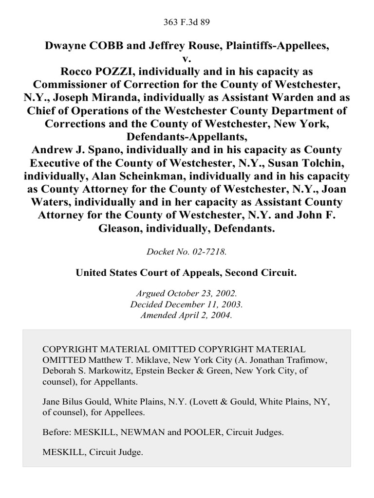 Dwayne Cobb and Jeffrey Rouse v. Rocco Pozzi, Individually and in His