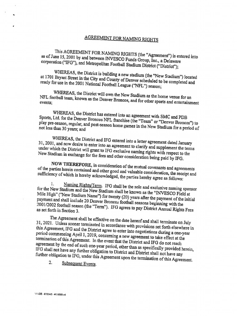 Mile High Stadium Naming Rights Agreement | PDF