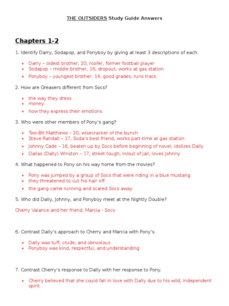 The Outsiders Study Guide Answers