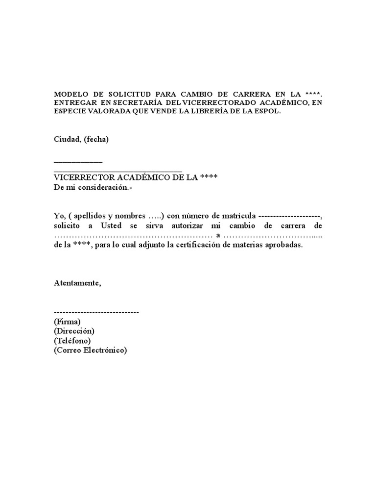 Modelo Solicitud Cambio De Carrera