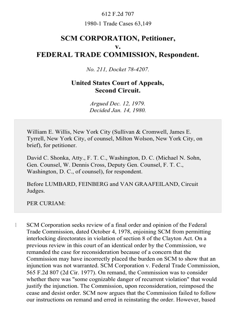 SCM Corp v. FTC: Interlocking Directorates Case | PDF