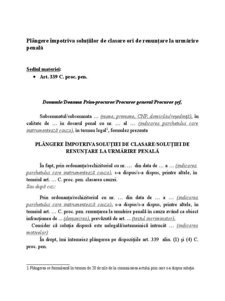 Plangere Impotriva Solutiilor De Clasare Ori De Renuntare La Urmarire Penala