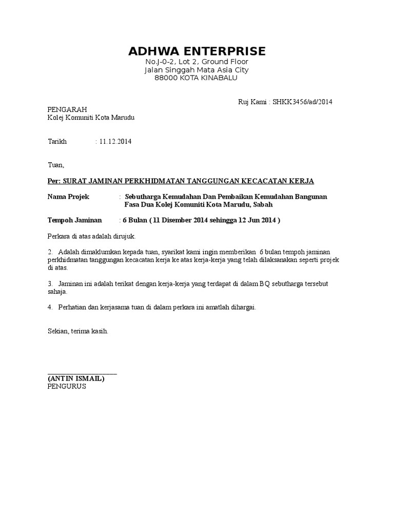 Surat Contoh Jaminan Servis | Pdf