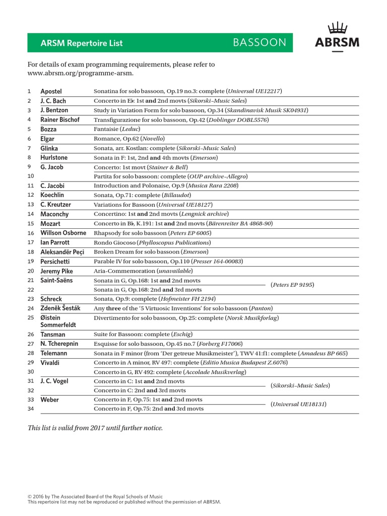 ARSM Bassoon Repertoire 2017 Onwards PDF