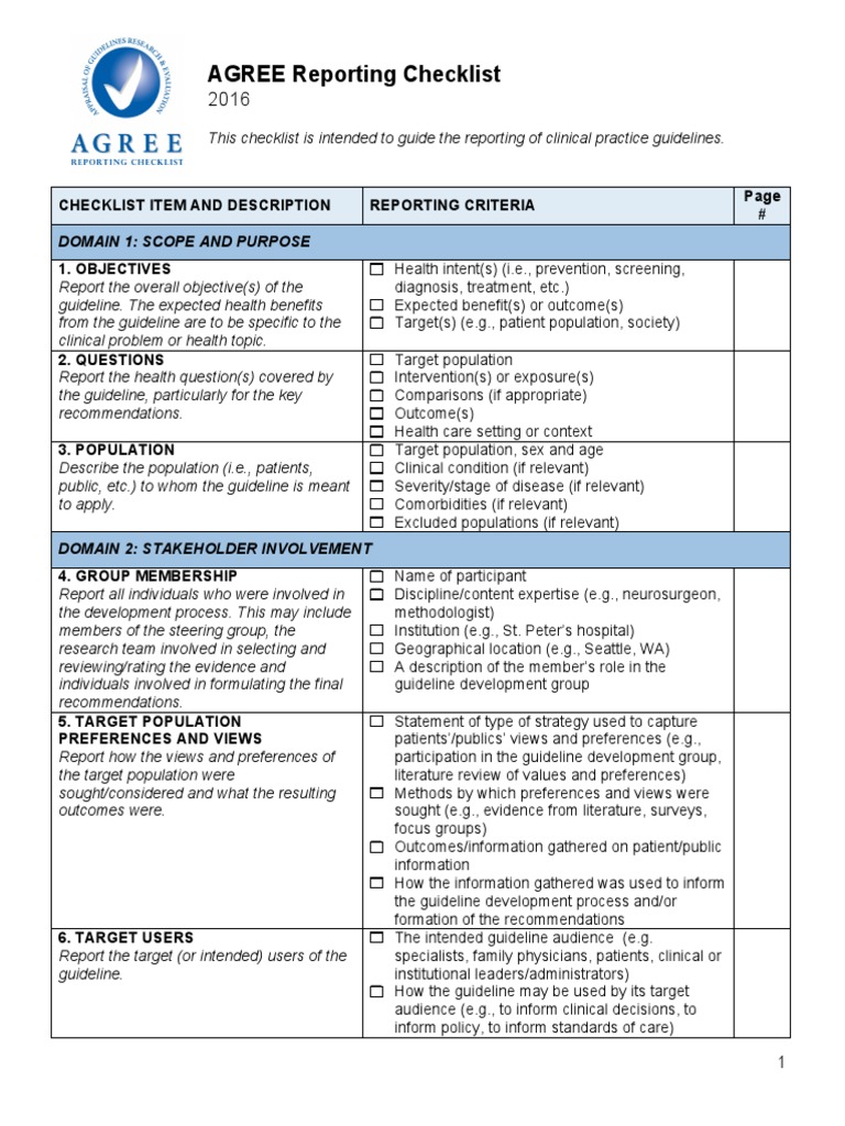 AGREE Reporting Checklist 2016 Risk Screening (Medicine)