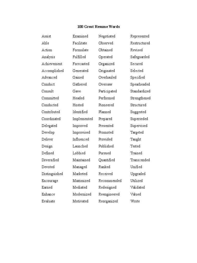 100 key resume words for sales