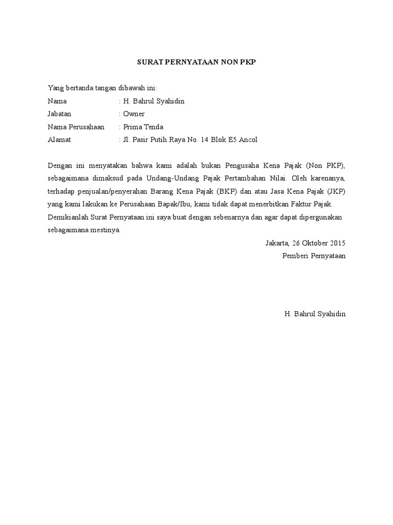 Surat Pernyataan Non PKP