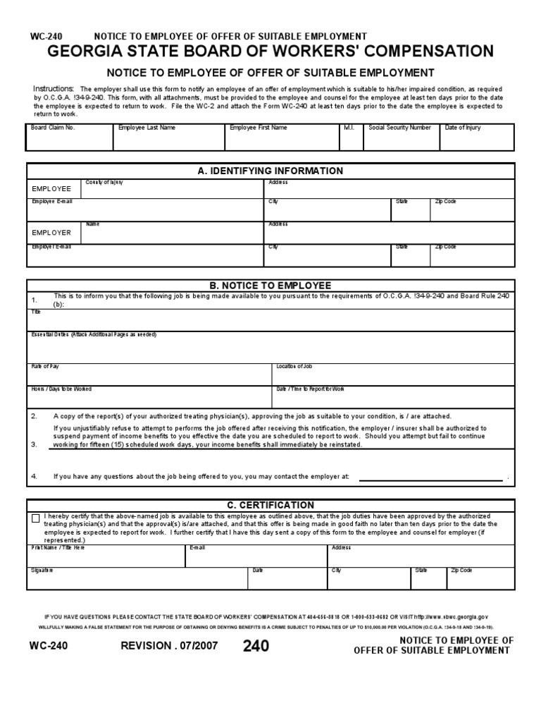 WC 240 | PDF | Workers' Compensation | Employment