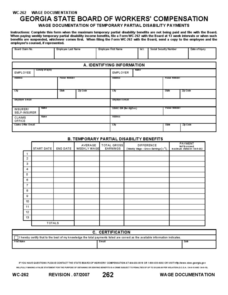 Georgia WC-262 Wage Documentation Form | PDF | Workers' Compensation ...
