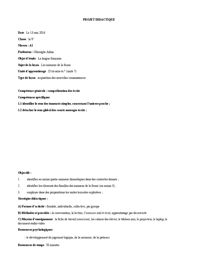 Projet Didactique - Les Animaux de La Ferme | PDF | Apprentissage ...