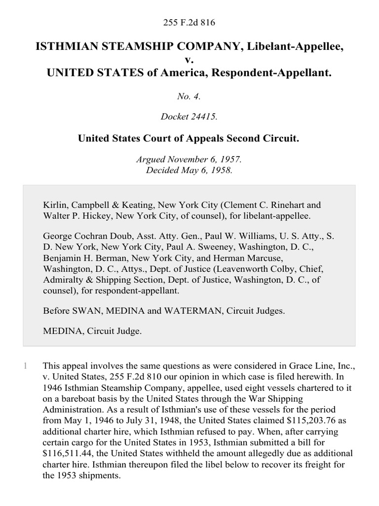 Isthmian Steamship Company, Libelant-Appellee v. United States, 255 F ...