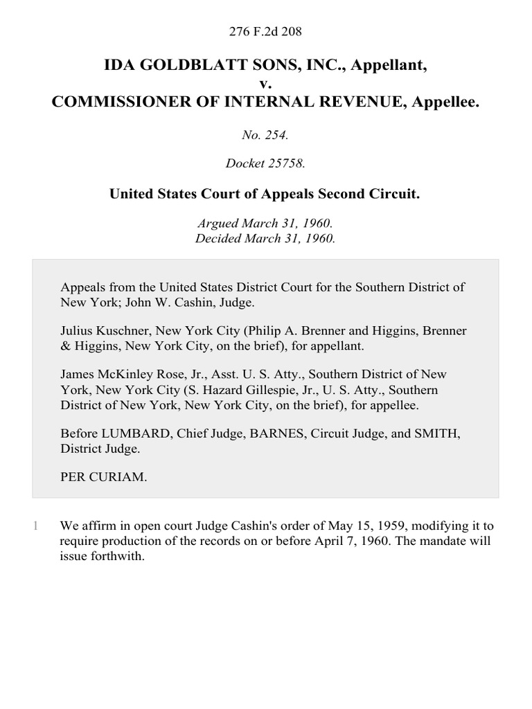 Ida Goldblatt Sons, Inc. v. Commissioner of Internal Revenue, 276 F.2d