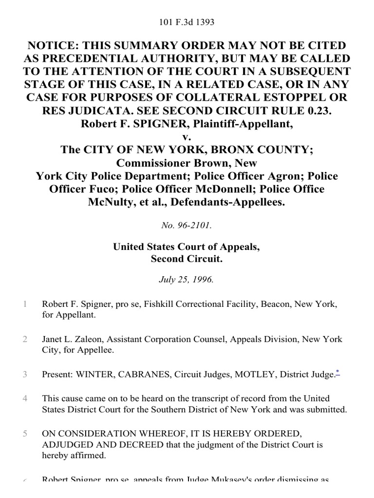 Spigner v. City of New York Appeal Summary | PDF