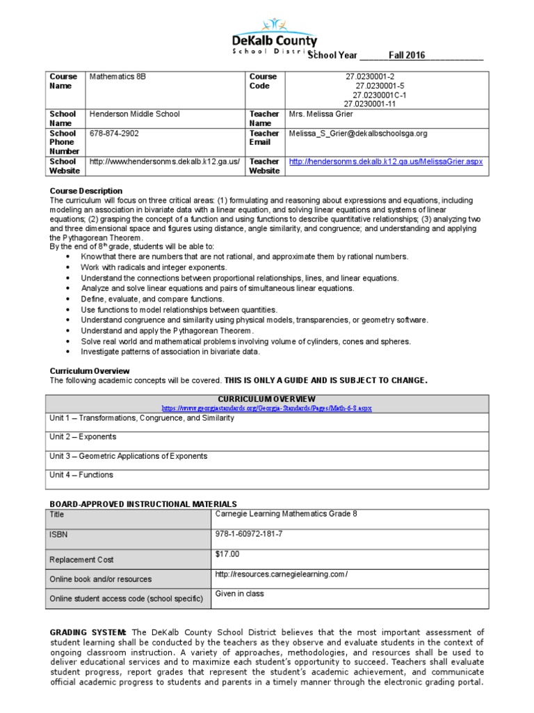 Grier Math 8 Fall Syllabus | PDF | Equations | Educational Assessment