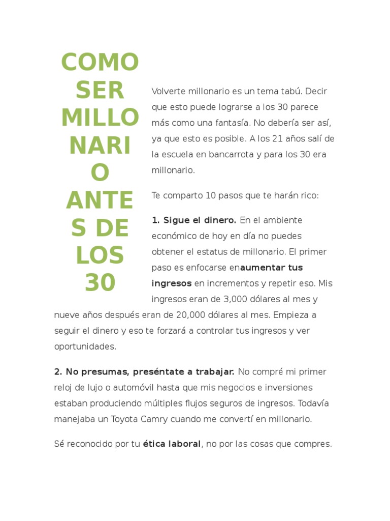 10 Pasos para Ser Millonario Antes de los 30 | PDF | Pobreza | Pobreza ...