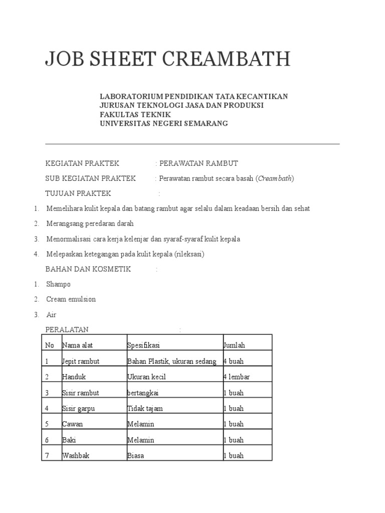 Jobsheet Praktik Creambath Rambut | PDF