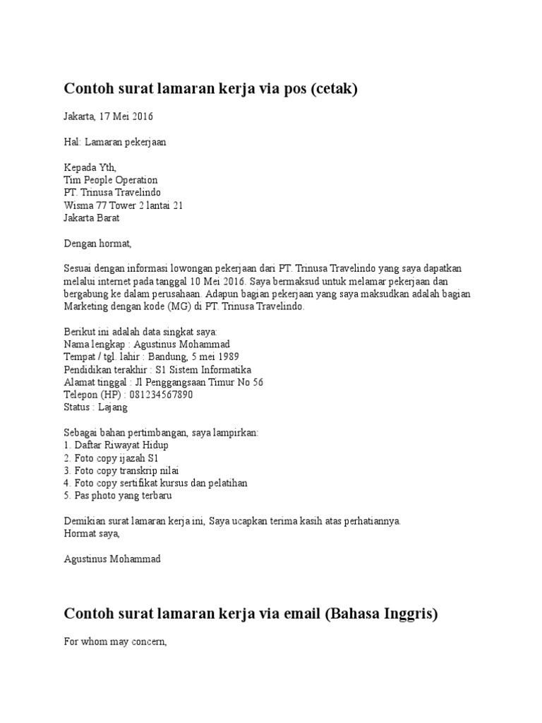 Contoh Surat Lamaran Kerja | PDF | Microeconomics | Economic Institutions