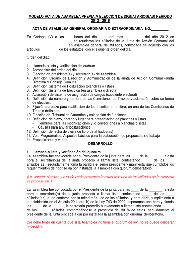 MODELO ACTA DE ASAMBLEA PREVIA.pdf | Votación | Quórum
