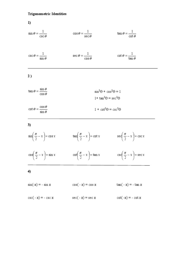 Trigonometric identities 1 csc 1 sin sec 1 cos cot 1 tan pdf