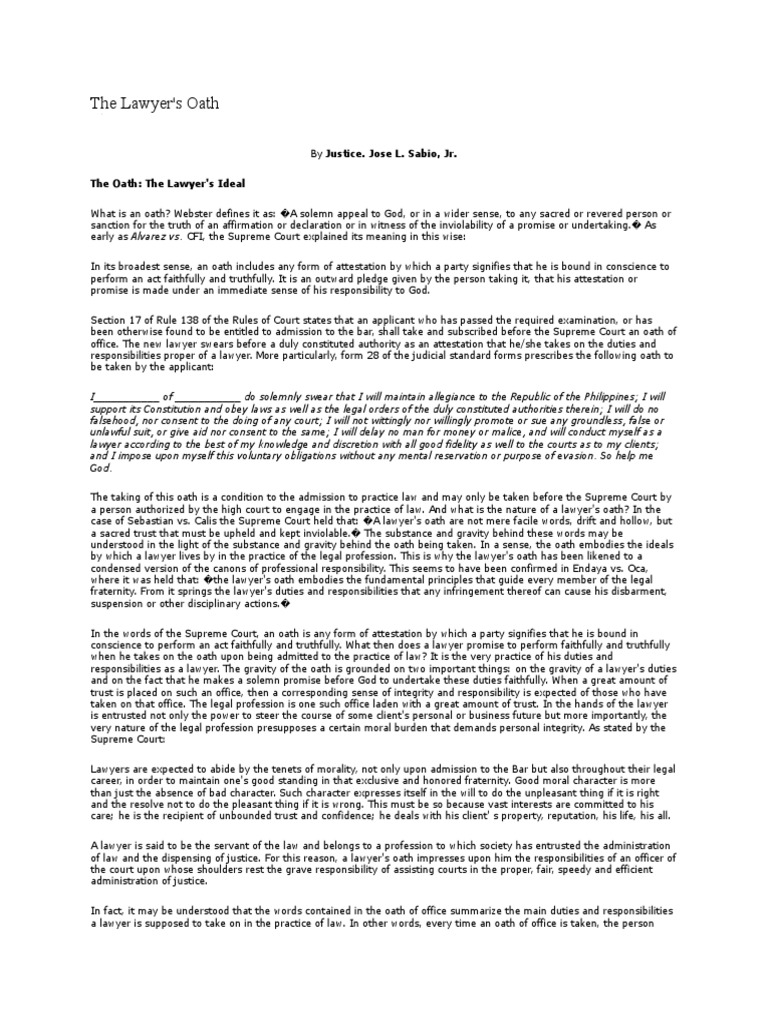 The Lawyers Oath By Justice Sabio PDF Oath Of Office Lawyer