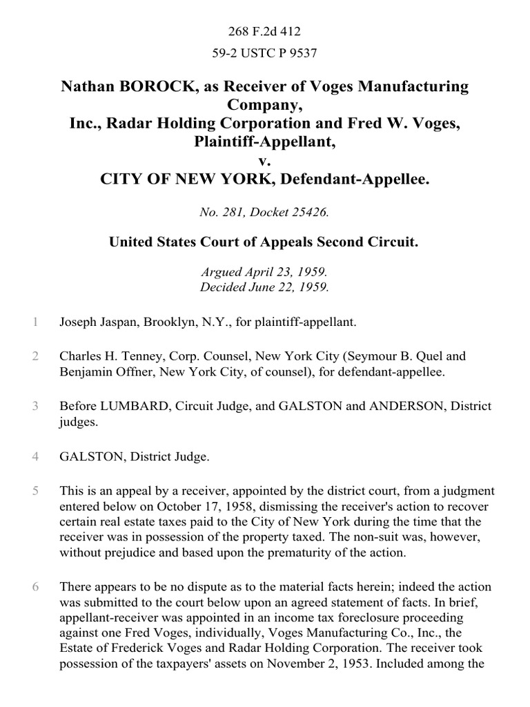 Nathan Borock, As Receiver of Voges Manufacturing Company, Inc., Radar