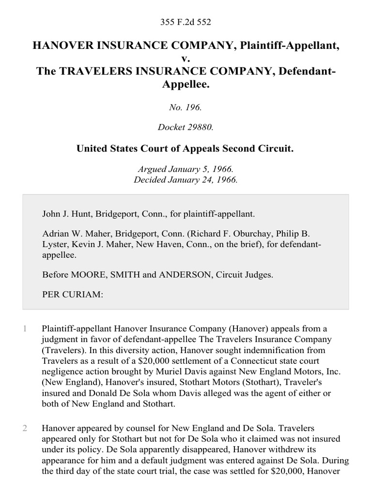 Hanover Insurance v. Travelers Indemnity Case | PDF