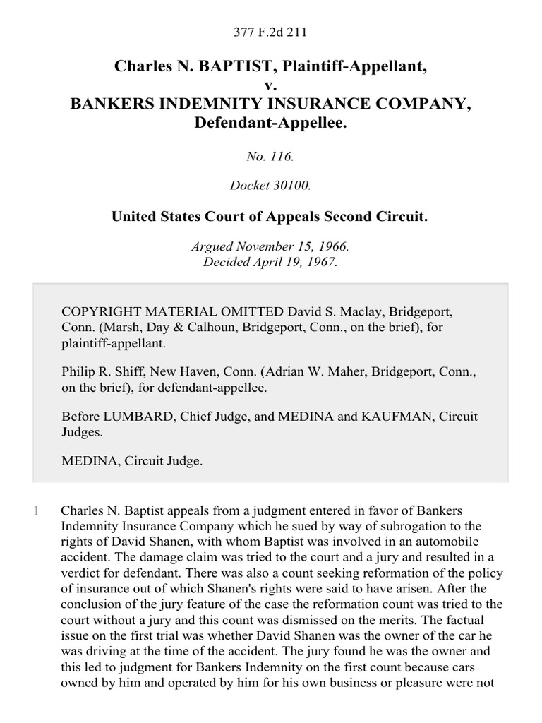 Charles N. Baptist v. Bankers Indemnity Insurance Company, 377 F.2d 211