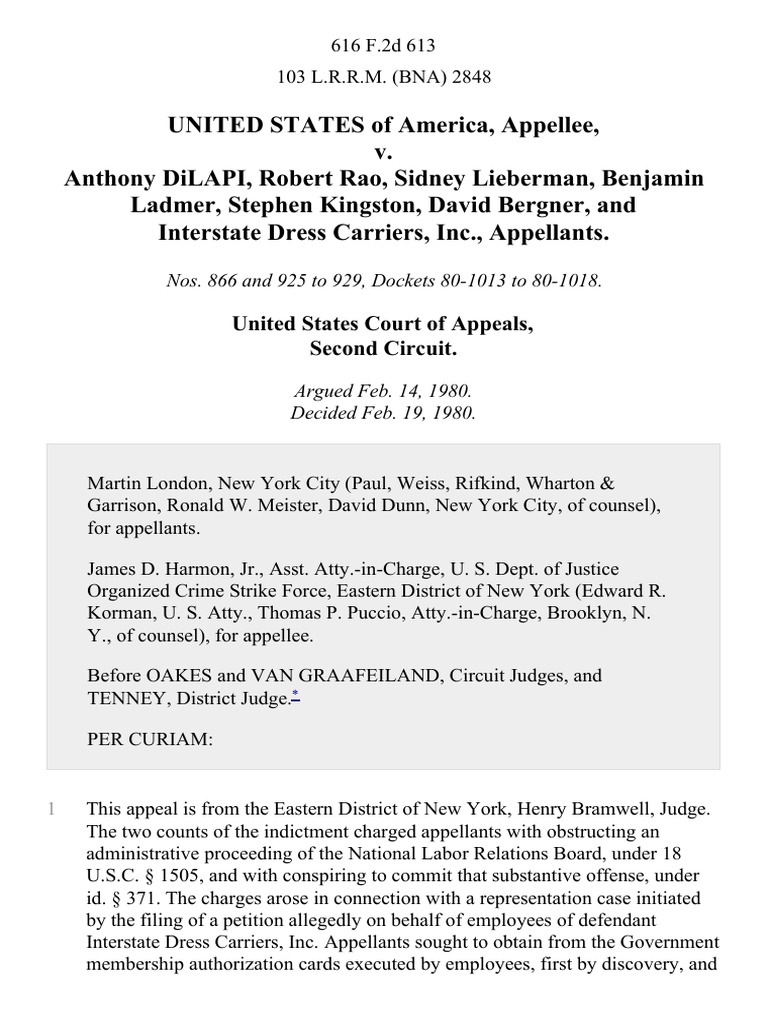 United States v. Anthony Dilapi, Robert Rao, Sidney Lieberman, Benjamin
