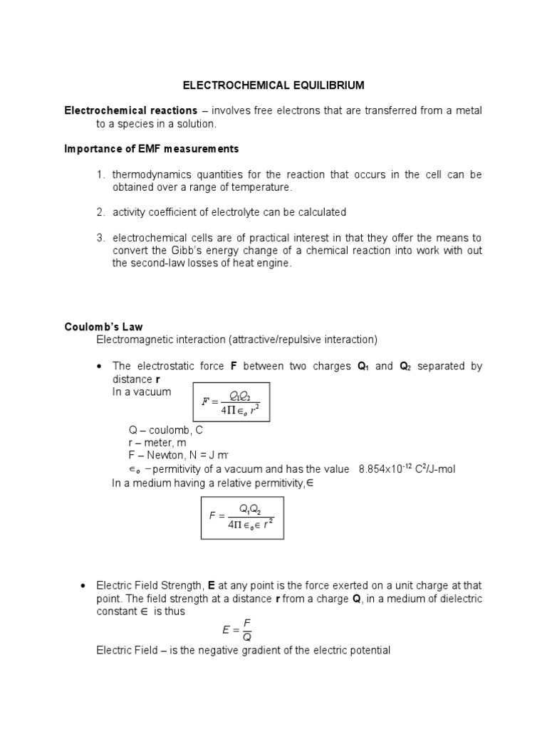 Electrochemical Equilibrium PDF Electrochemistry Dissociation (Chemistry)