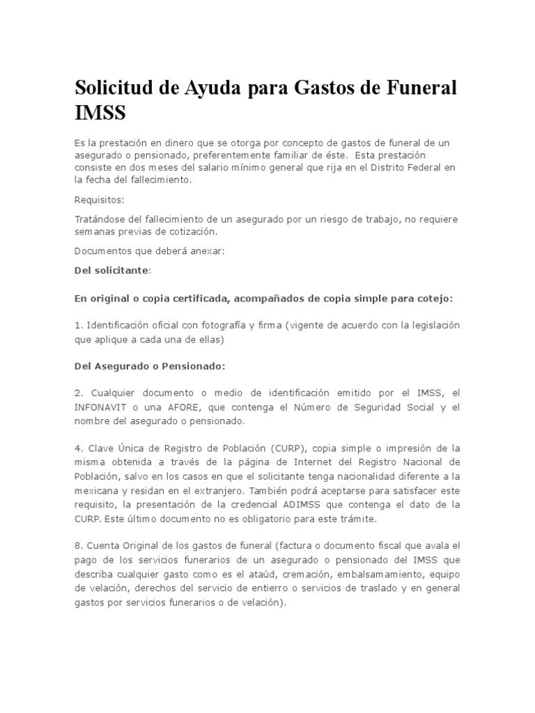 Solicitud De Ayuda Para Gastos De Funeral Imss