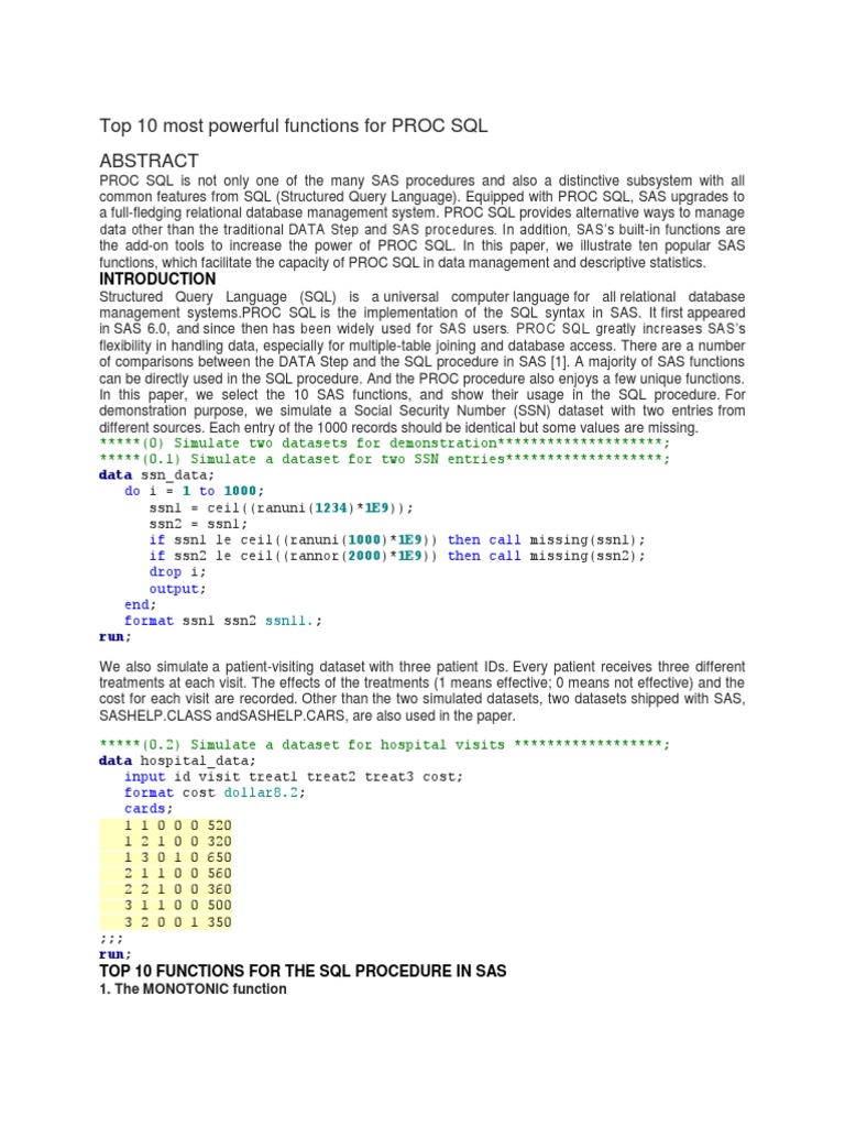 Top 10 Most Powerful Functions For PROC SQL | PDF | Sas (Software) | Sql