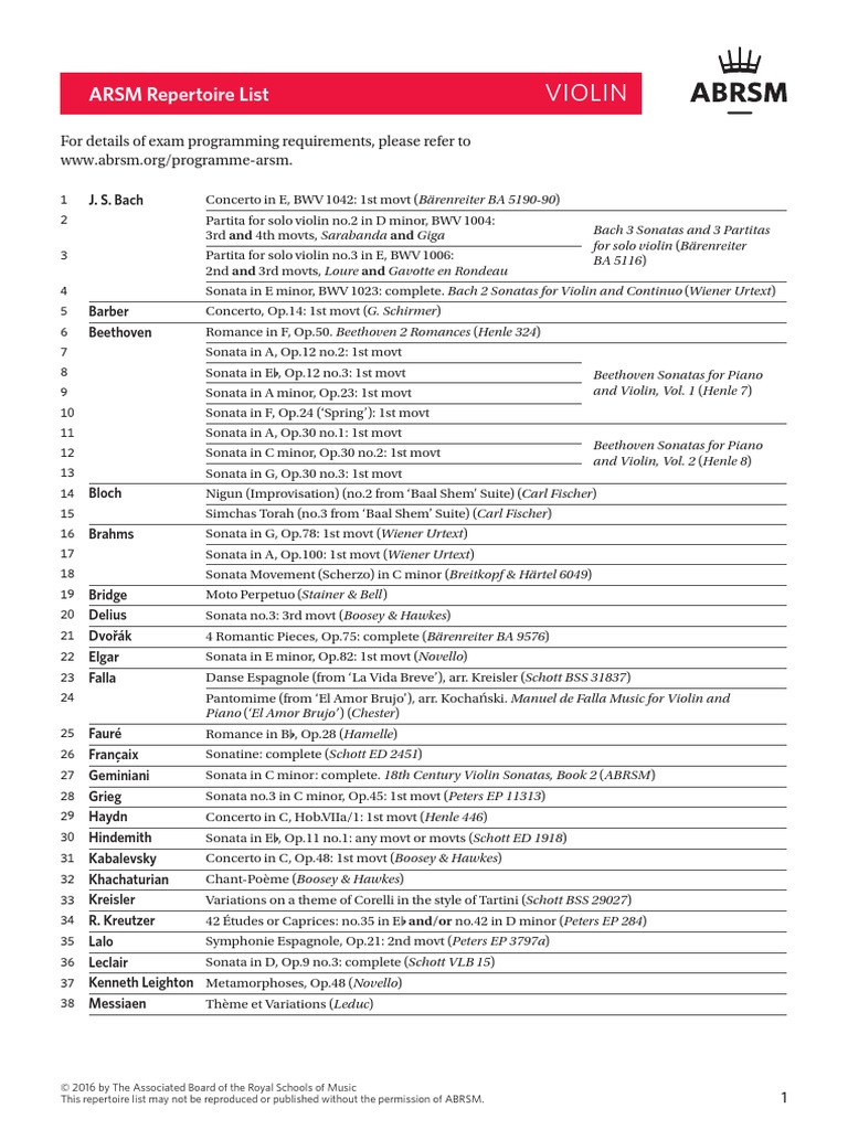 ARSM Violin Repertoire 2017 Onwards Concerto Sonata