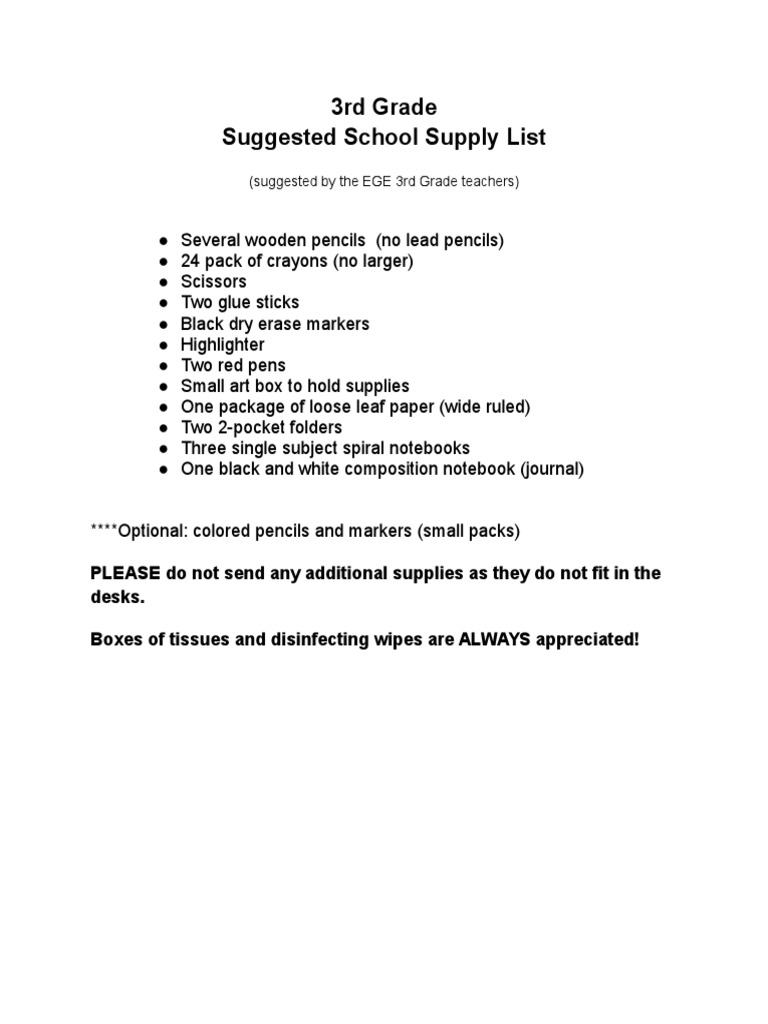 3rd Grade Suggested School Supply List PDF