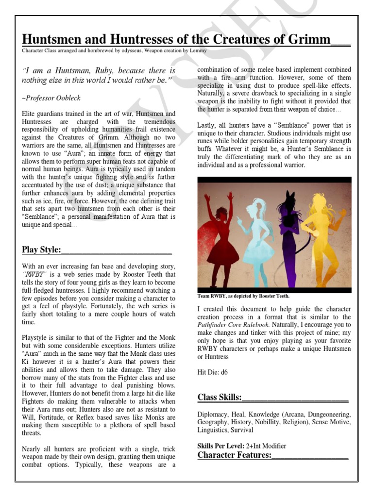 RWBY Huntsman Class Guide | PDF | Lightning | Rifle