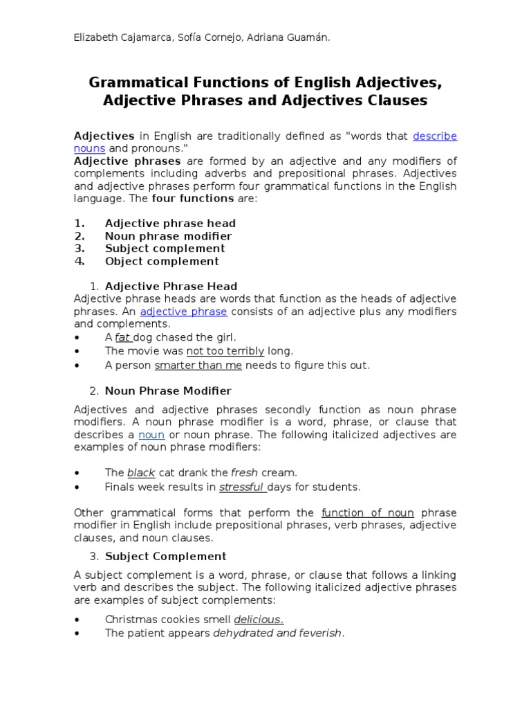 Adjectives in English Summary PDF Adjective Noun
