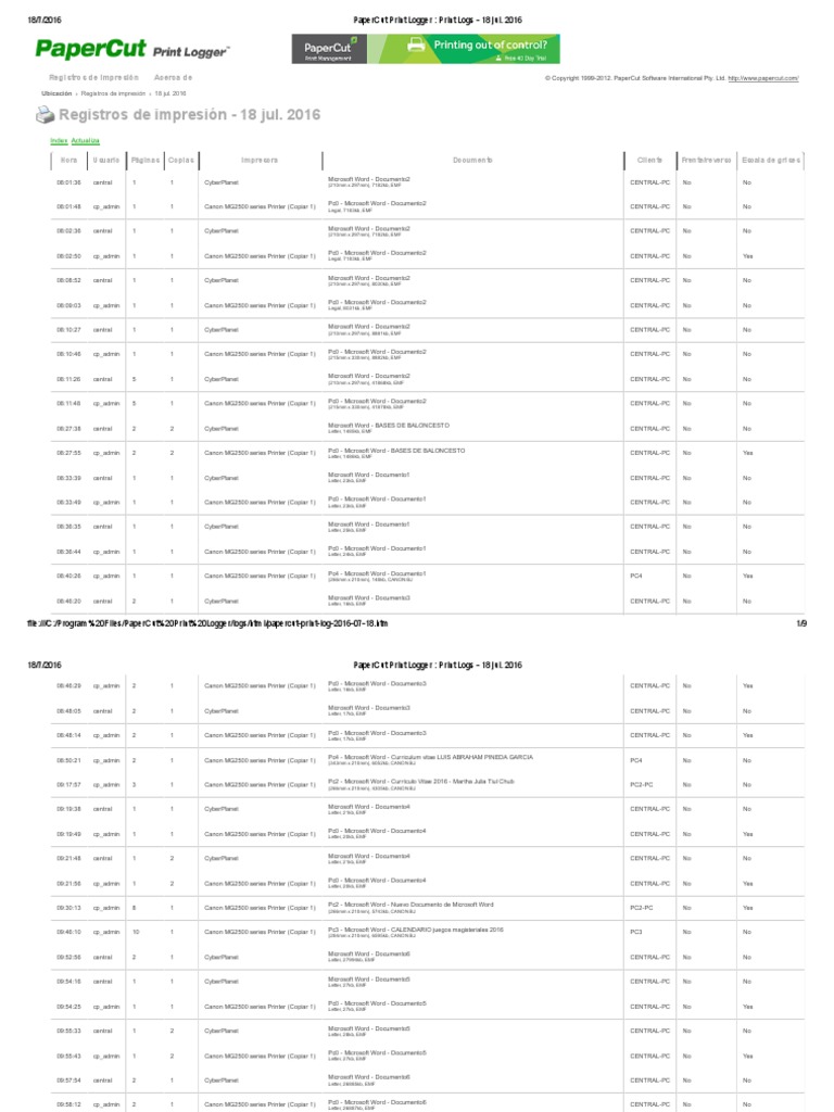 PaperCut Print Logger Print Logs 18 Jul PDF Photocopier