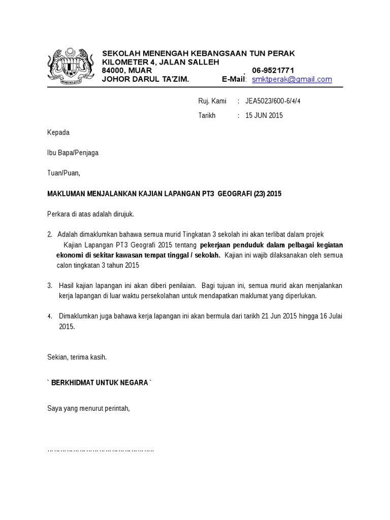 Surat Makluman Kepada Murid Berkaitan Kajian Lapangan Tingaktan 3