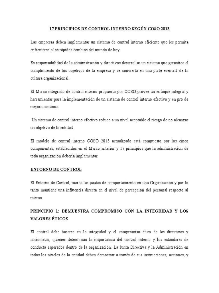 17 Principios de Control Interno COSO 2013 | PDF | Recursos humanos ...