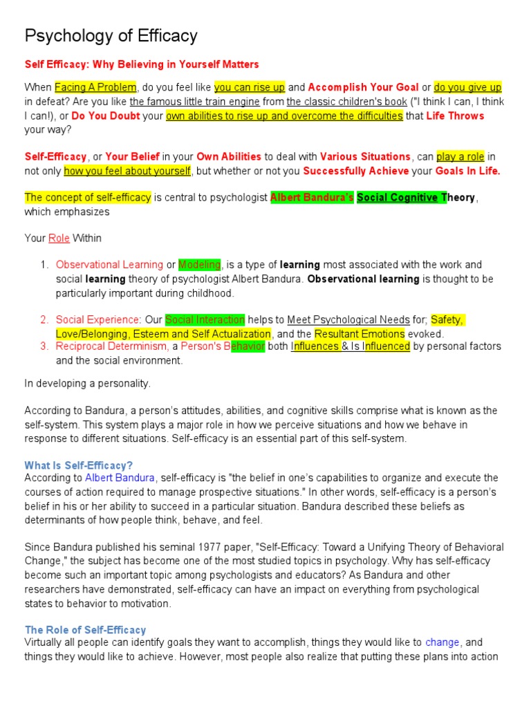 Psychology Of Efficacy Pdf Self Efficacy Applied Psychology
