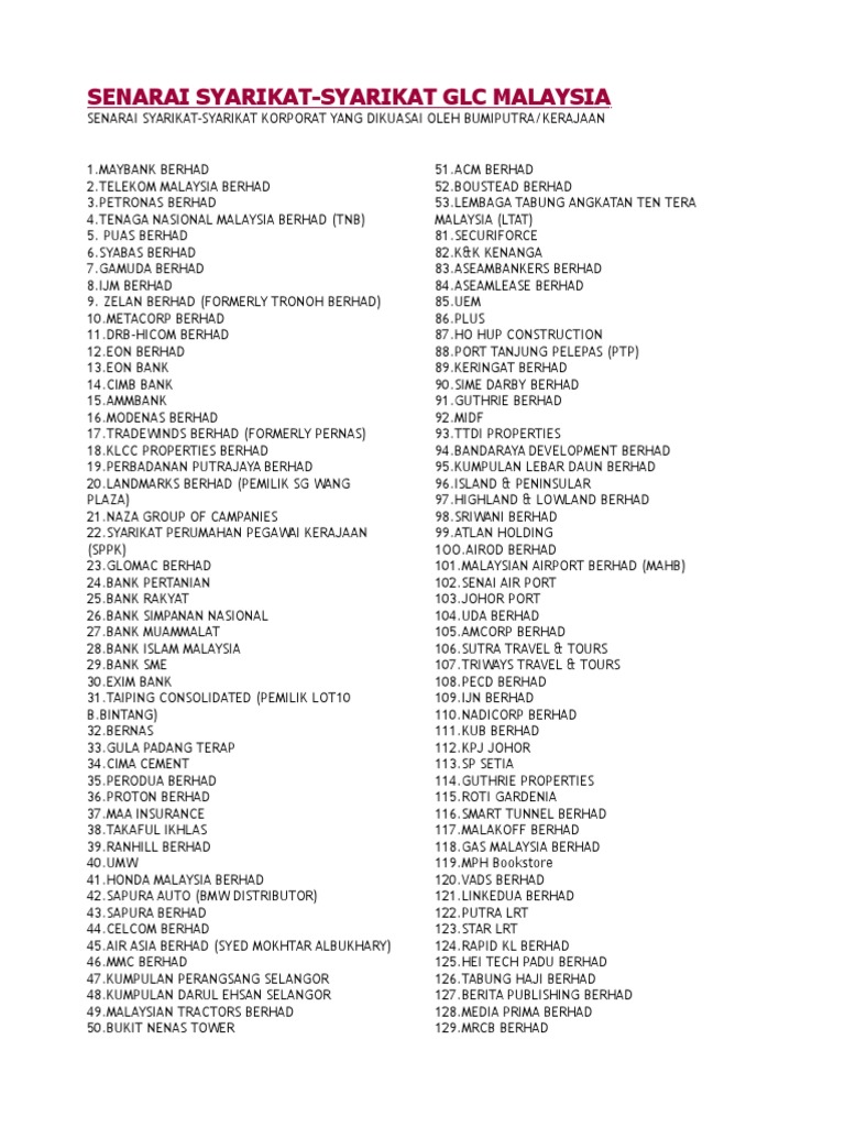 Senarai Glc Malaysia Pdf Companies Malaysia